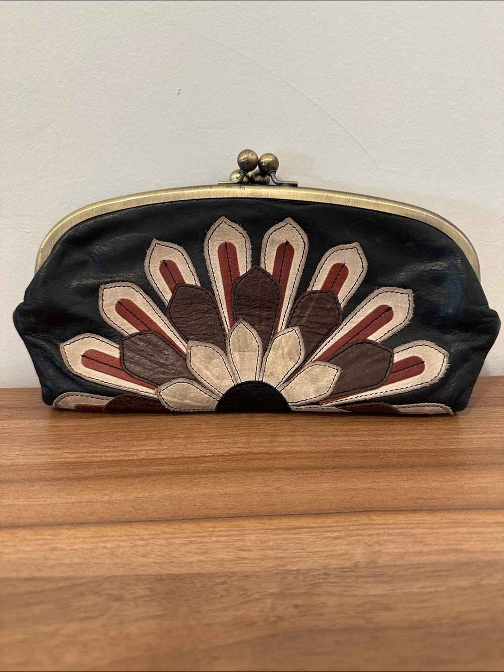 Nordstrom vintage Leather Floral Appliqué Clutch Bag in Black and Brown